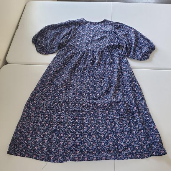 Marine Layer Dress Womens Small Navy Floral Midi V-Neck Puff Sleeve Tiered 16146 - Picture 3 of 10